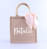 Custom Name Burlap Tote Bag Satin Bow Wedding Bridesmaid Beach Bag Teacher Gifts