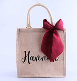 Custom Name Burlap Tote Bag Satin Bow Wedding Bridesmaid Beach Bag Teacher Gifts