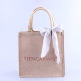 Personalized Name Burlap Tote Bag Satin Ribbon, Bachelorette Party Guest Monogram Gift