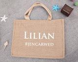 Personalized Name Burlap Tote Bag Satin Ribbon, Bachelorette Party Guest Monogram Gift