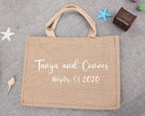 Personalized  Burlap Tote Bag Satin Bow Your Text Wedding Welcome Bachelorette Jute Bag