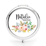Personalized Floral Compact Mirror with Name Title Bridesmaid Bachelorette