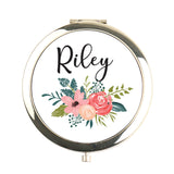 Personalized Floral Compact Mirror with Name Title Bridesmaid Bachelorette