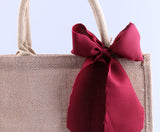 Bridesmaid Gift Bag Burlap Tote, Beach Travel Jute Satin Ribbon Weddin Grocery Bag