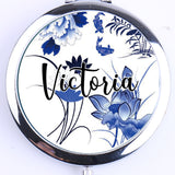Personalized Compact Mirror Blue and White Indigo Floral Lilies Gifts for Her