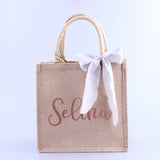 Personalized  Burlap Tote Bag Satin Bow Your Text Wedding Welcome Bachelorette Jute Bag