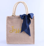 Custom Name Burlap Tote Bag Satin Bow Wedding Bridesmaid Beach Bag Teacher Gifts