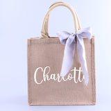 Custom Name Burlap Tote Bag Satin Bow Wedding Bridesmaid Beach Bag Teacher Gifts