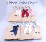 Personalized  Burlap Tote Bag Satin Bow Your Text Wedding Welcome Bachelorette Jute Bag