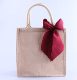 Bridesmaid Gift Bag Burlap Tote, Beach Travel Jute Satin Ribbon Weddin Grocery Bag