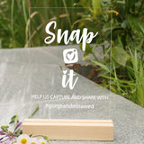 Acrylic Wedding Sign, Snap It Photography Personalized Hashtag 4.7"x7" Gift Display Stand