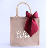 Personalized Burlap Tote Bag Shabby Satin Ribbon Wedding Welcome Bridesmaid Bag