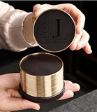 Personalized Wooden Coasters Set of 6, Custom Engraved Heavy Brass & Copper Edge Coasters for Drinks, Includes Storage Tray - Unique Housewarming Gift for Tea Lovers, Coffee Drinker, or Home Bar