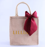 Personalized Name Burlap Tote Bag Satin Ribbon, Bachelorette Party Guest Monogram Gift