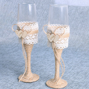 Wedding Toasting Glasses Rustic Decor Burlap Flutes Bride Groom (Set of 2)