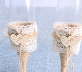 Wedding Toasting Glasses Rustic Decor Burlap Flutes Bride Groom (Set of 2)