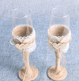 Wedding Toasting Glasses Rustic Decor Burlap Flutes Bride Groom (Set of 2)