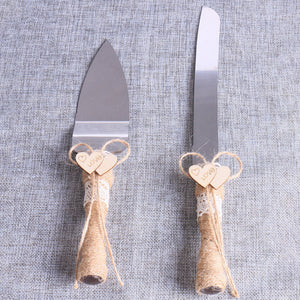 Rustic Wedding Cake Knife Serving Set Twine Burlap Lace (Set of 2)