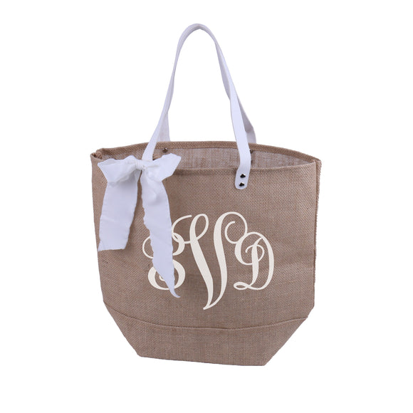 Personalized Burlap Tote Handbag with Ribbon Monogrammed Bridesmaid Gift