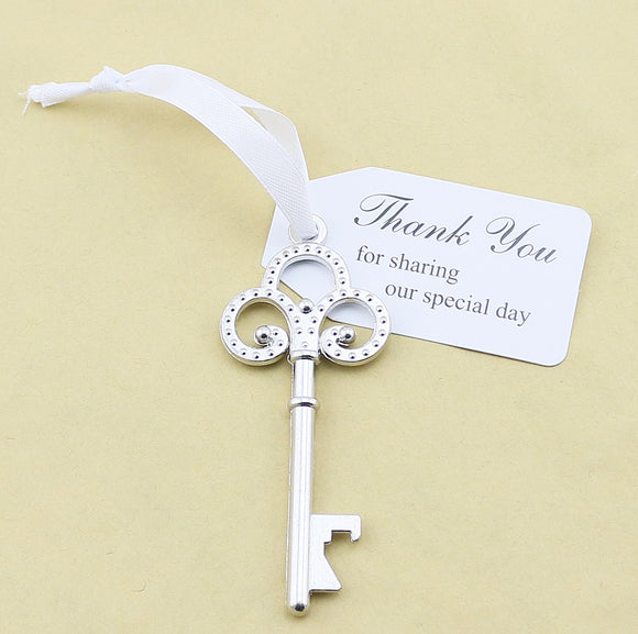 Wedding Favor Skeleton Key Bottle Opener and Thank you for sharing Tag Ribbon - Silver
