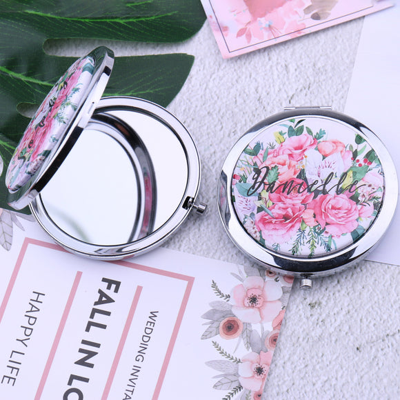 Personalized Silver Compact Mirror Floral Makeup Mirror Favors