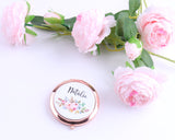 Personalized Floral Compact Mirror with Name Title Bridesmaid Bachelorette