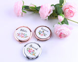 Personalized Floral Compact Mirror with Name Title Bridesmaid Bachelorette
