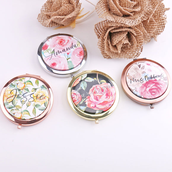 Custom Floral Compact Mirror Bridesmaid Proposal Gift Watercolor Flower Wifey Present