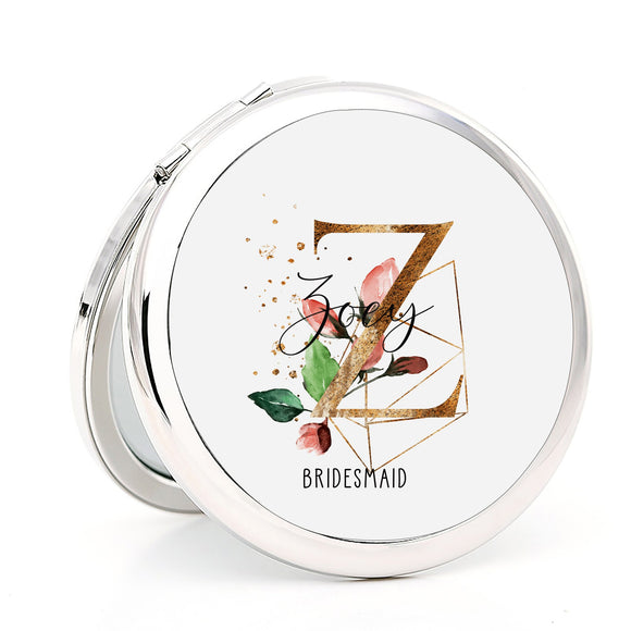 Floral Initial Compact Mirror, Your Name or Monogram Roses Vine Bridesmaid Proposal