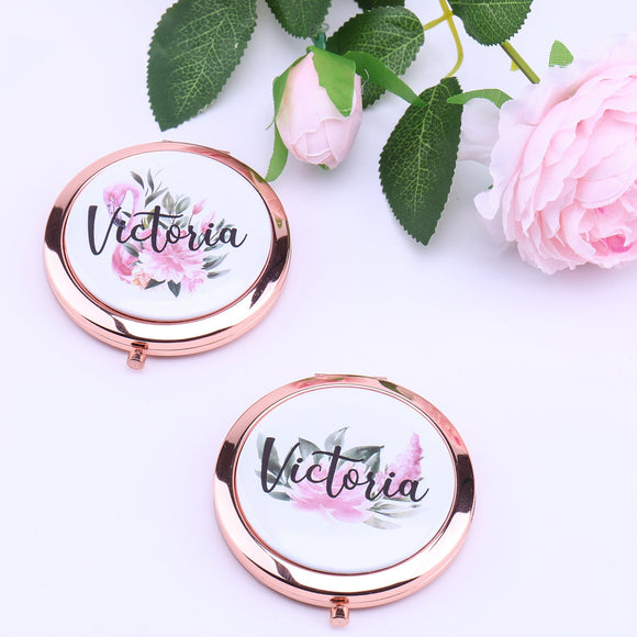 Personalized Compact Mirror Floral Flamingo Pink Folding Makeup Mirror Flower Girl Gift