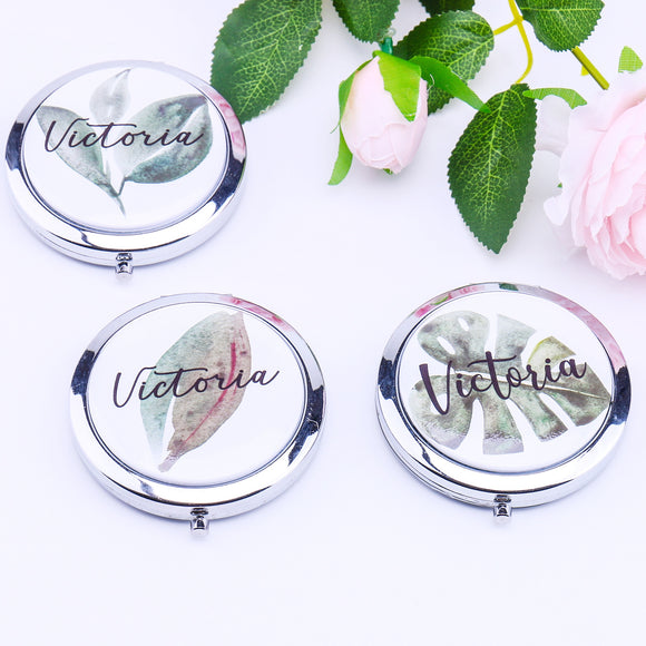 Personalized Compact Mirror Tropical Style Palm Leaves Makeup Bridesmaid Gifts for Her