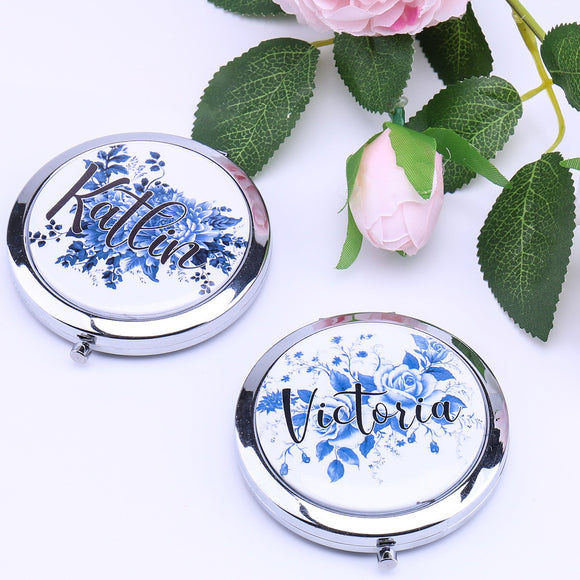 Personalized Compact Mirror Blue and White Indigo Floral Lilies Gifts for Her