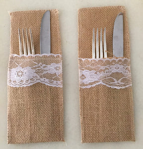 Handmade Burlap Table Silverware Holder with Lace (Set of 2)