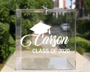 Personalized Graduation Party Card Box for Ceremony with Hinged Lid and Key Acrylic
