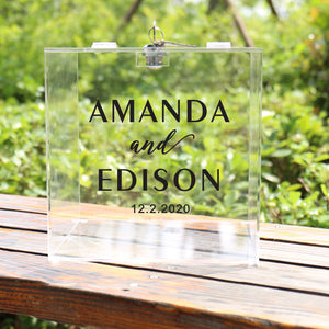 Personalized Wedding Card Box for Reception with Hinged Lid and Key Acrylic