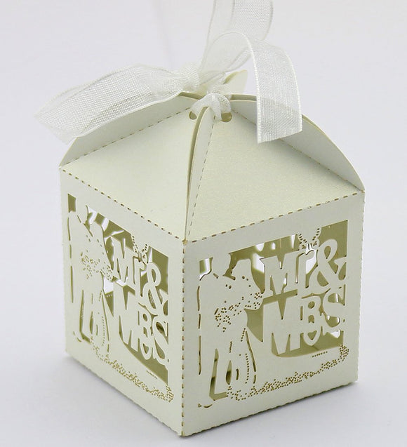 Laser Cut Favor Box Candy Box Ribbon - Mr & Mrs (Set of 12)